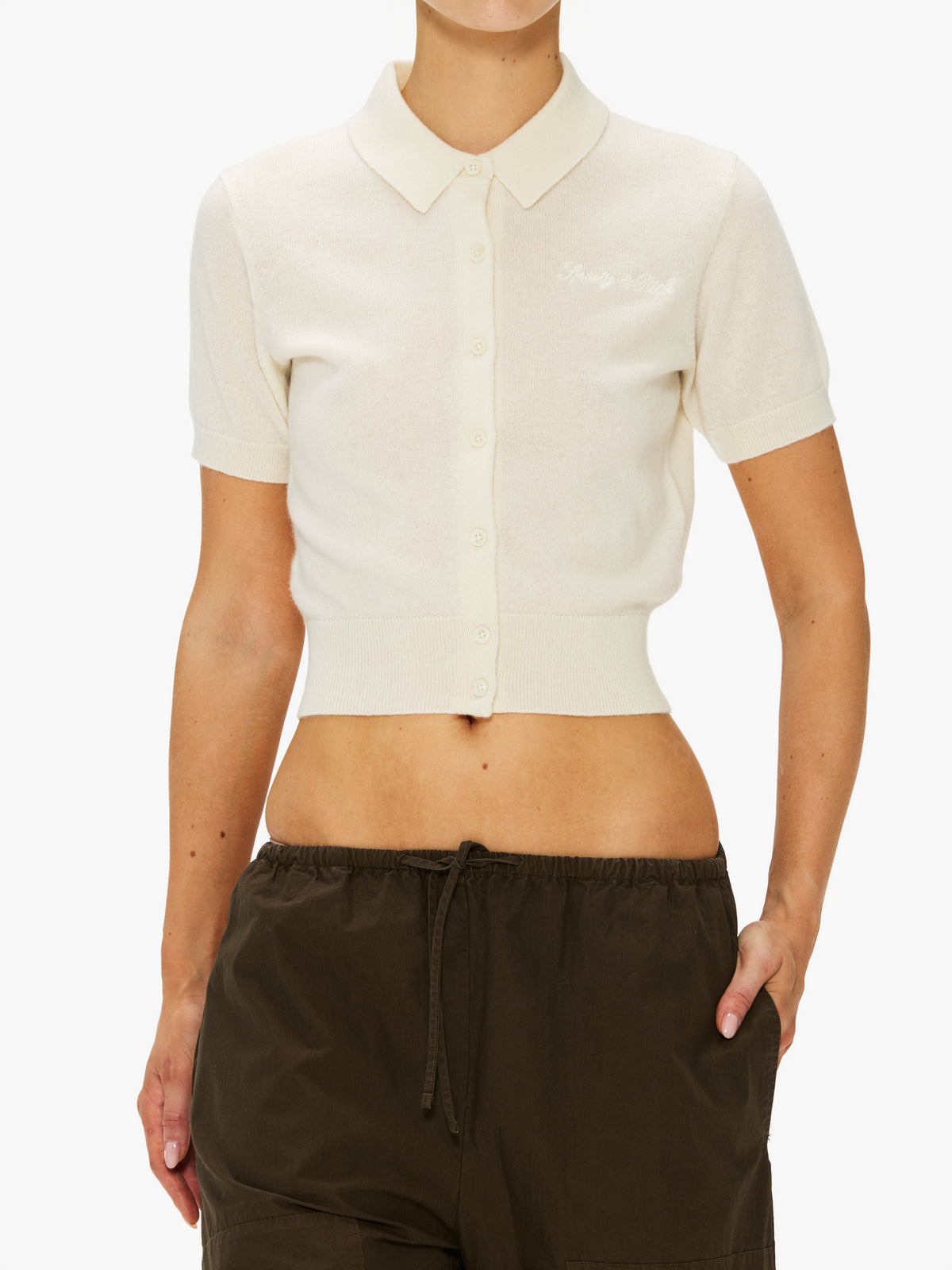 Sporty & Rich Signature Logo Cashmere Short Sleeve Cardigan
